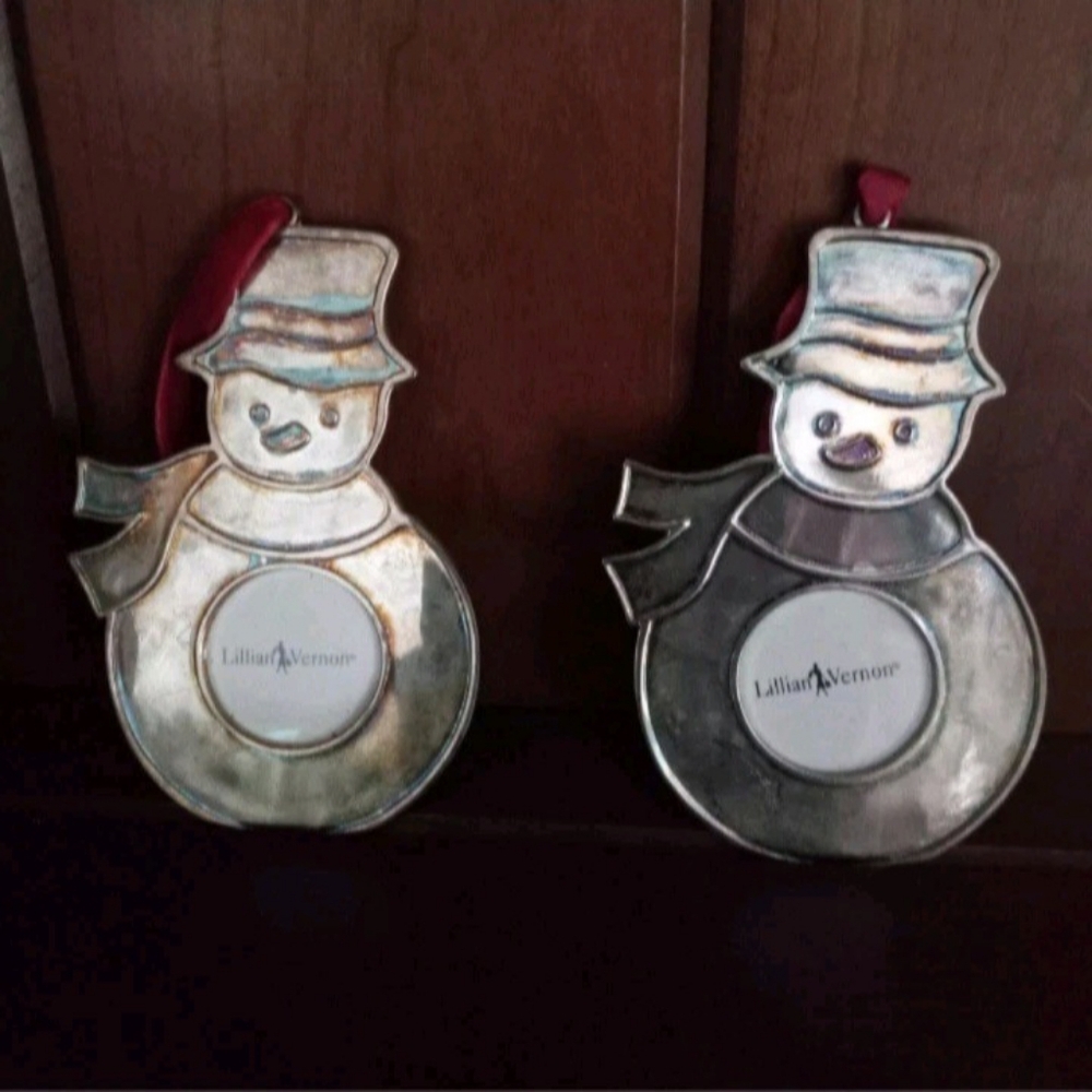 Lillian Vernon Metallic Winter Holiday Snowman Photo Holder Ornament Set Of 2
